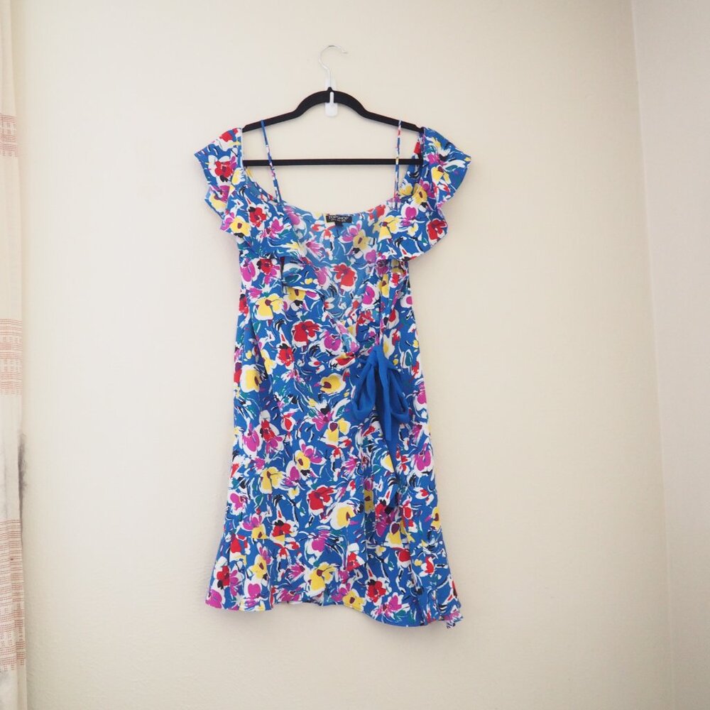 !! Topshop Blue Floral Strappy Wrap Mini Dress sz US 12 - Picture 3 of 6